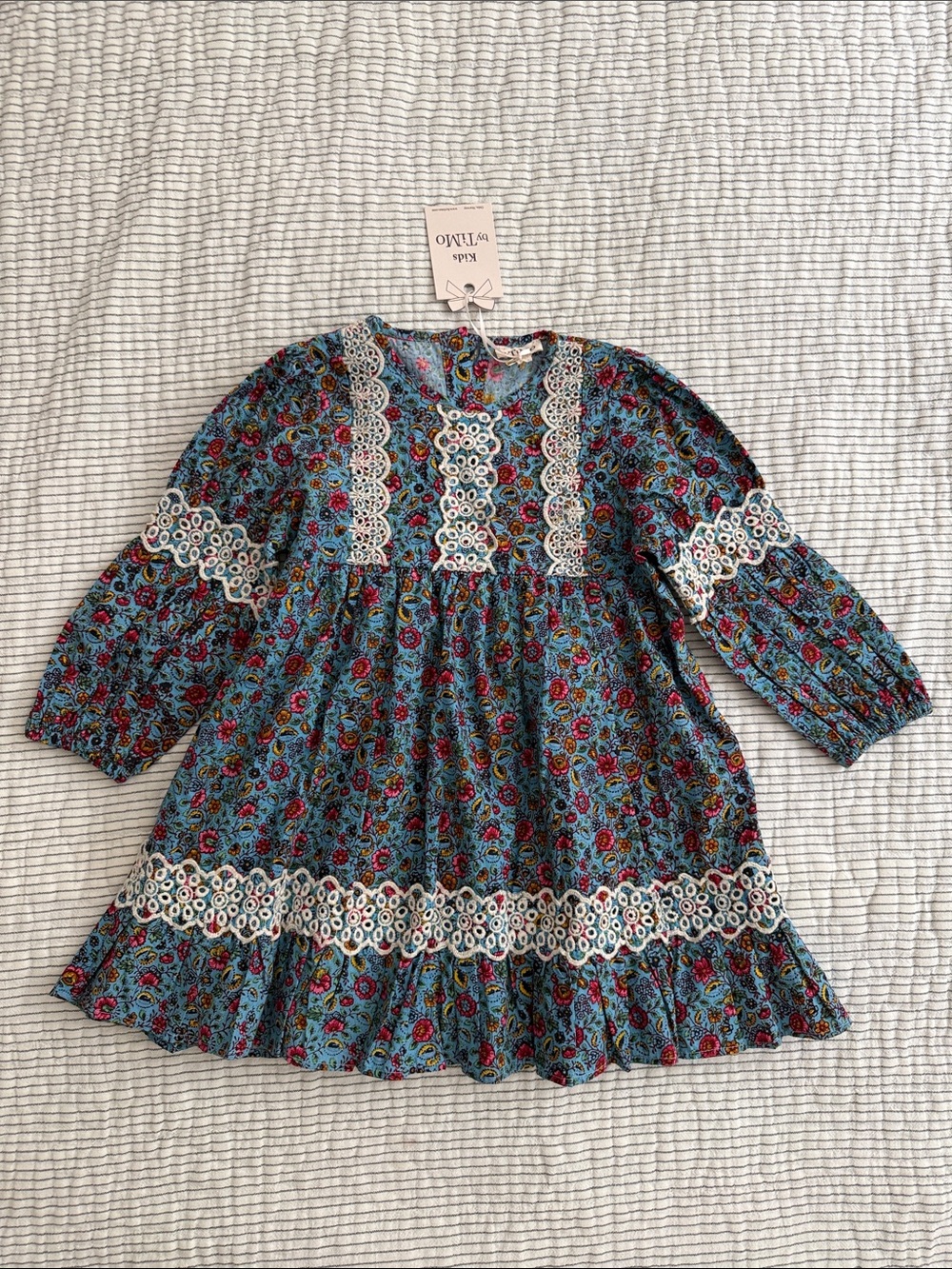Blue Floral Lace-Trim Long Sleeve Kids Dress by